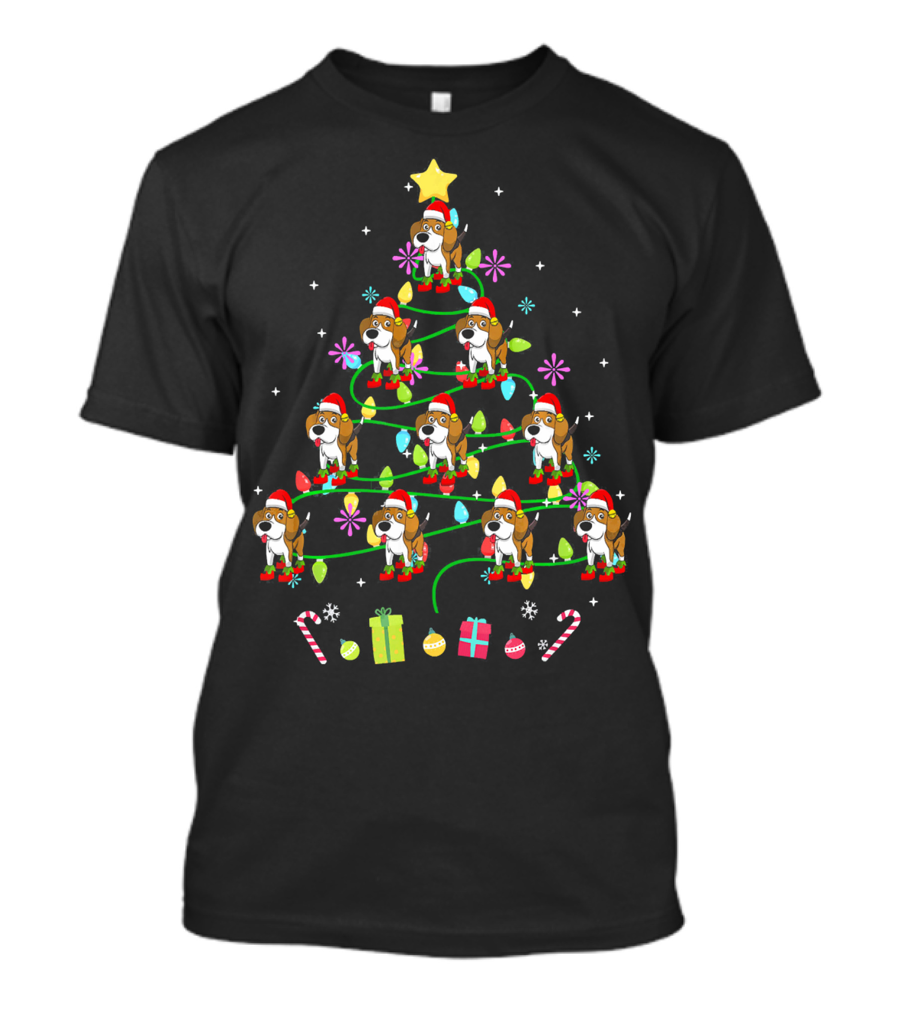 Funny Beagle Christmas Tree With Santa Hats And Gifts LED Colors T-Shirt
