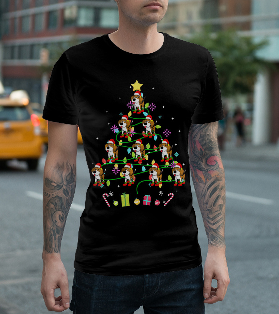 Funny Beagle Christmas Tree With Santa Hats And Gifts LED Colors T-Shirt