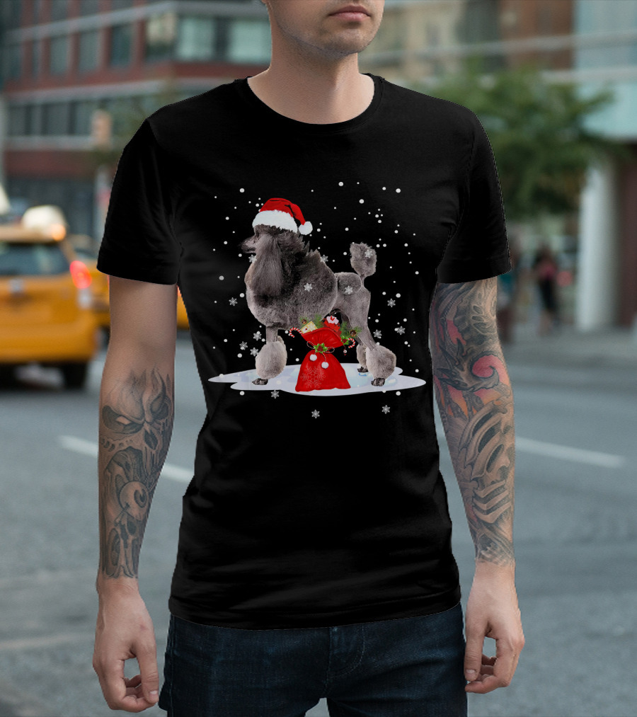 Poodle in Santa Hat with Christmas Gift Bag and Snowflakes T-Shirt
