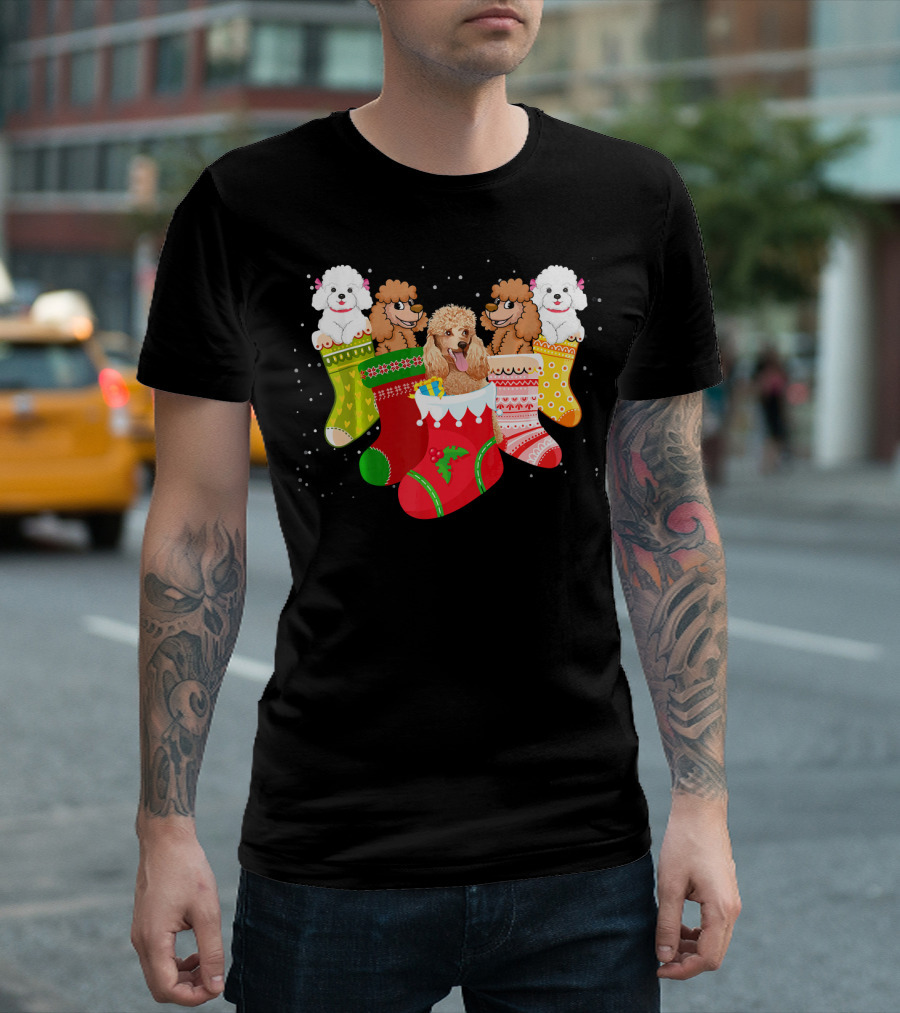 Poodle Christmas Sock Fun with Xmas Dog Love and Holiday Cheer T-Shirt