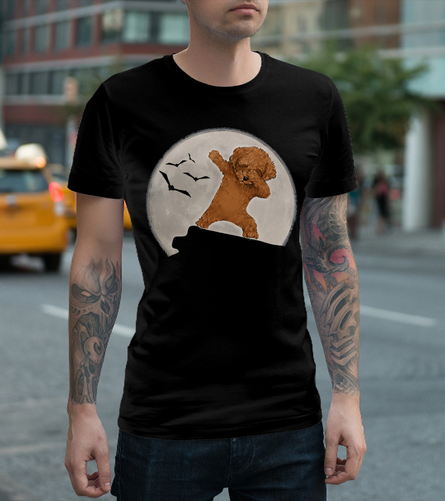 Poodle Dabbing on Rooftop with Full Moon and Bats T-Shirt