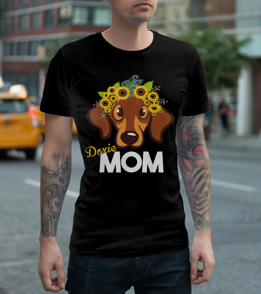 Doxie Mom with Sunflower Dachshund Flower Crown T-Shirt