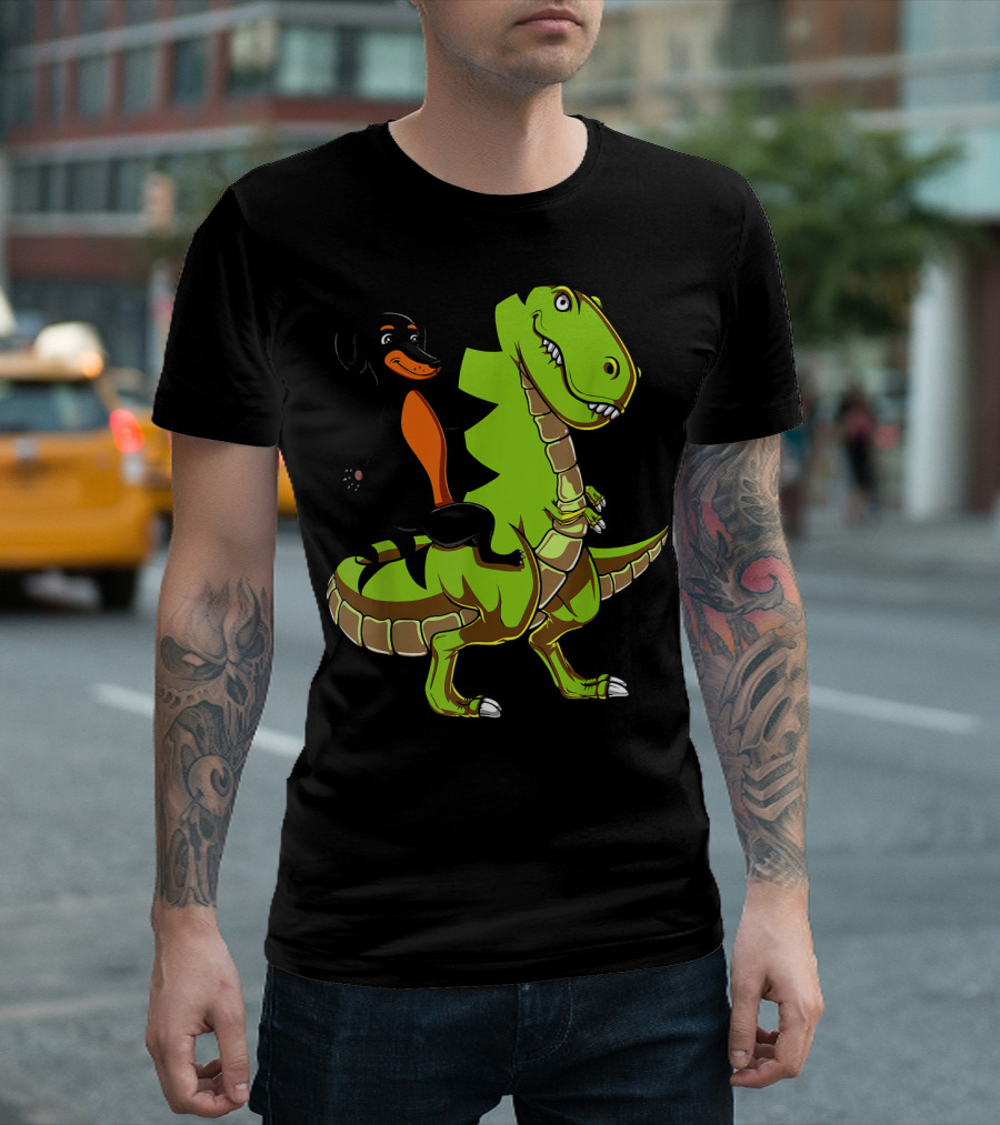 Dachshund Wiener Dog Riding T-Rex Dinosaur T-Shirt
