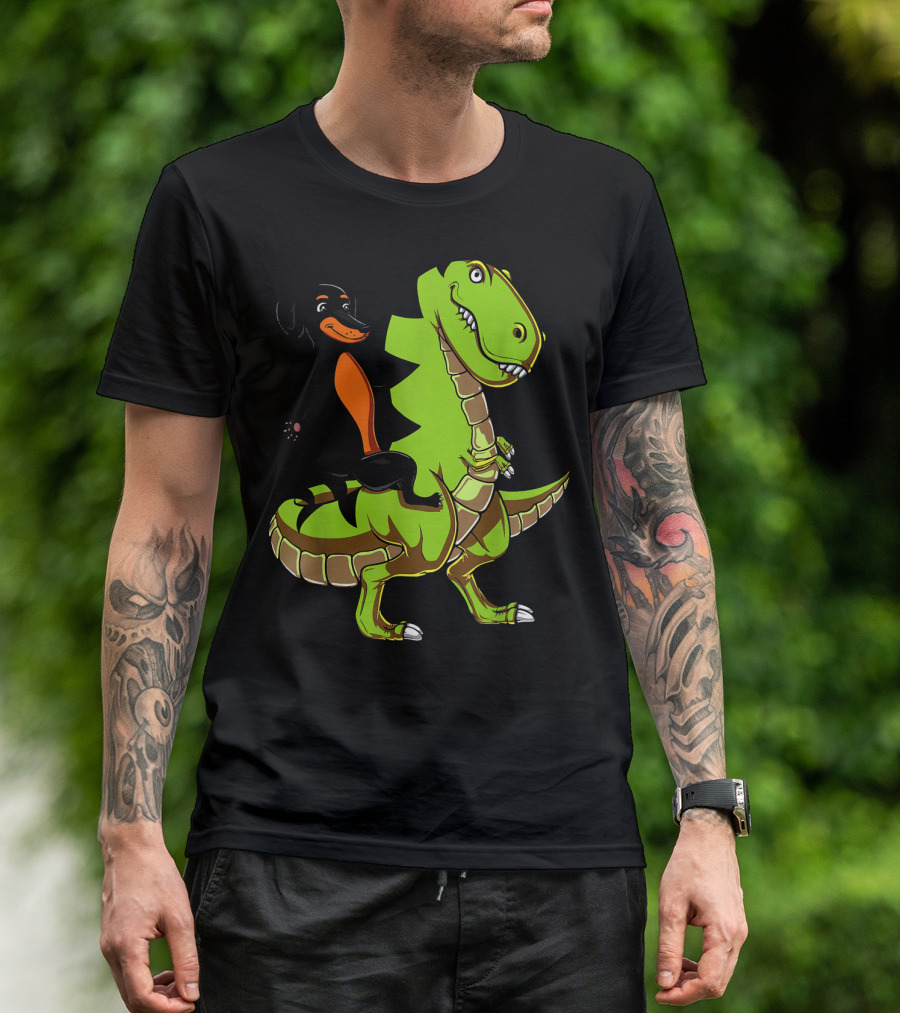 Dachshund Wiener Dog Riding T-Rex Dinosaur T-Shirt