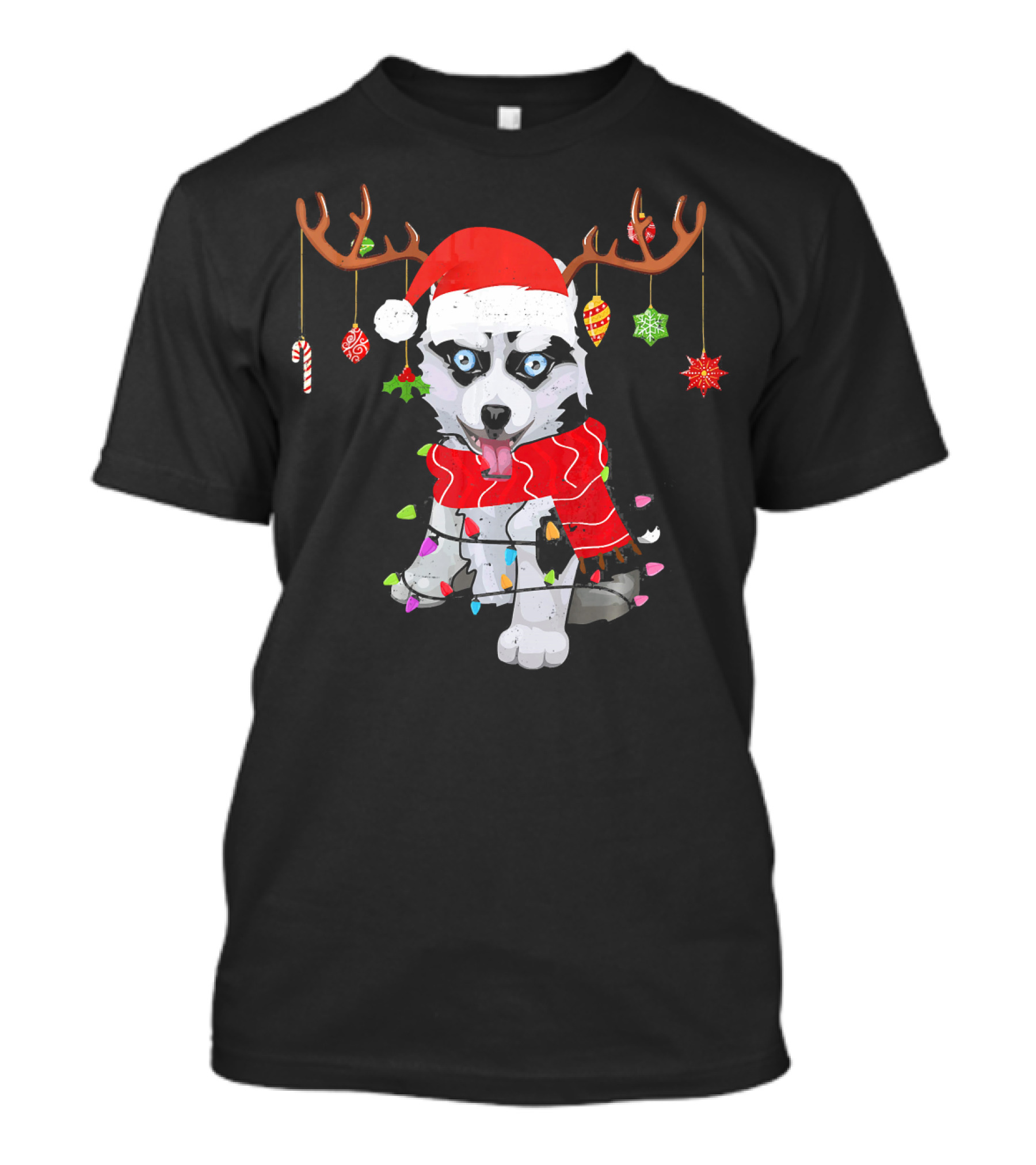 Funny Husky Christmas Reindeer Lights Santa Hat And Antlers T-Shirt