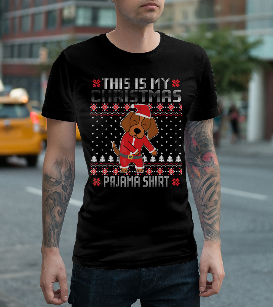 This Is My Christmas Pajama Shirt Dachshund Santa Flossing T-Shirt