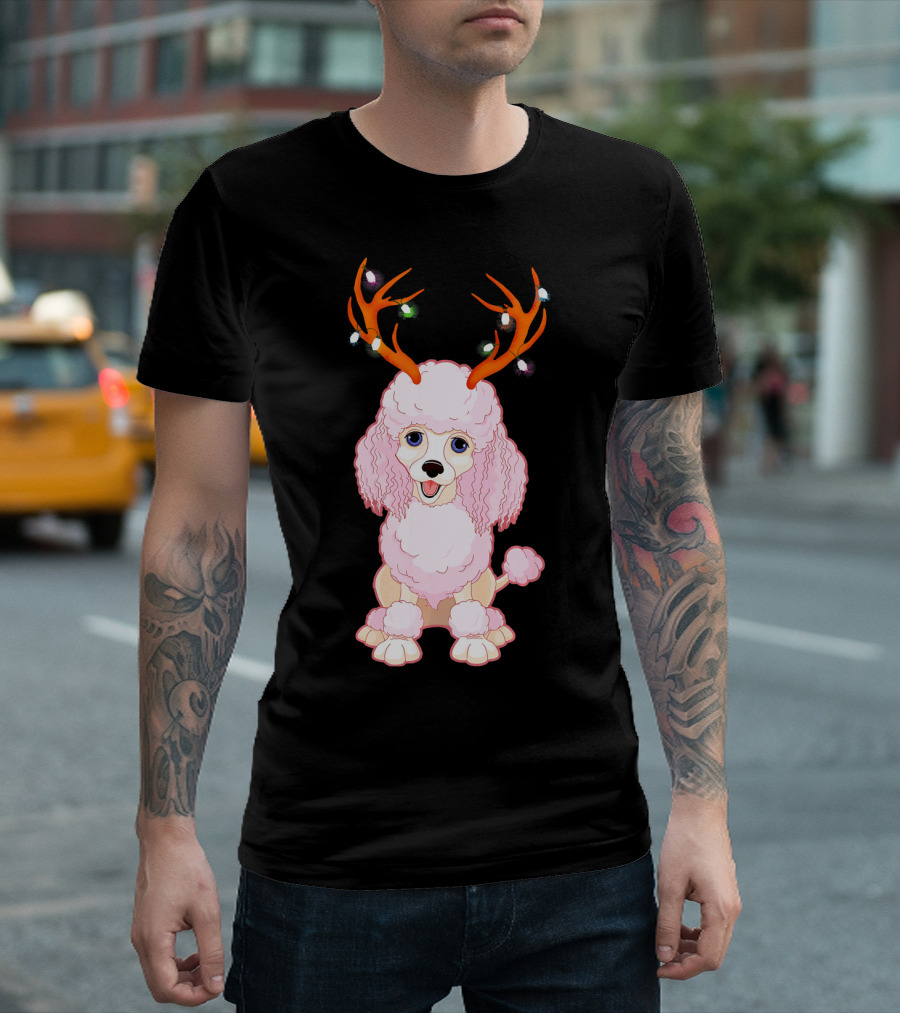 Poodle With Christmas Antlers And Lights T-Shirt