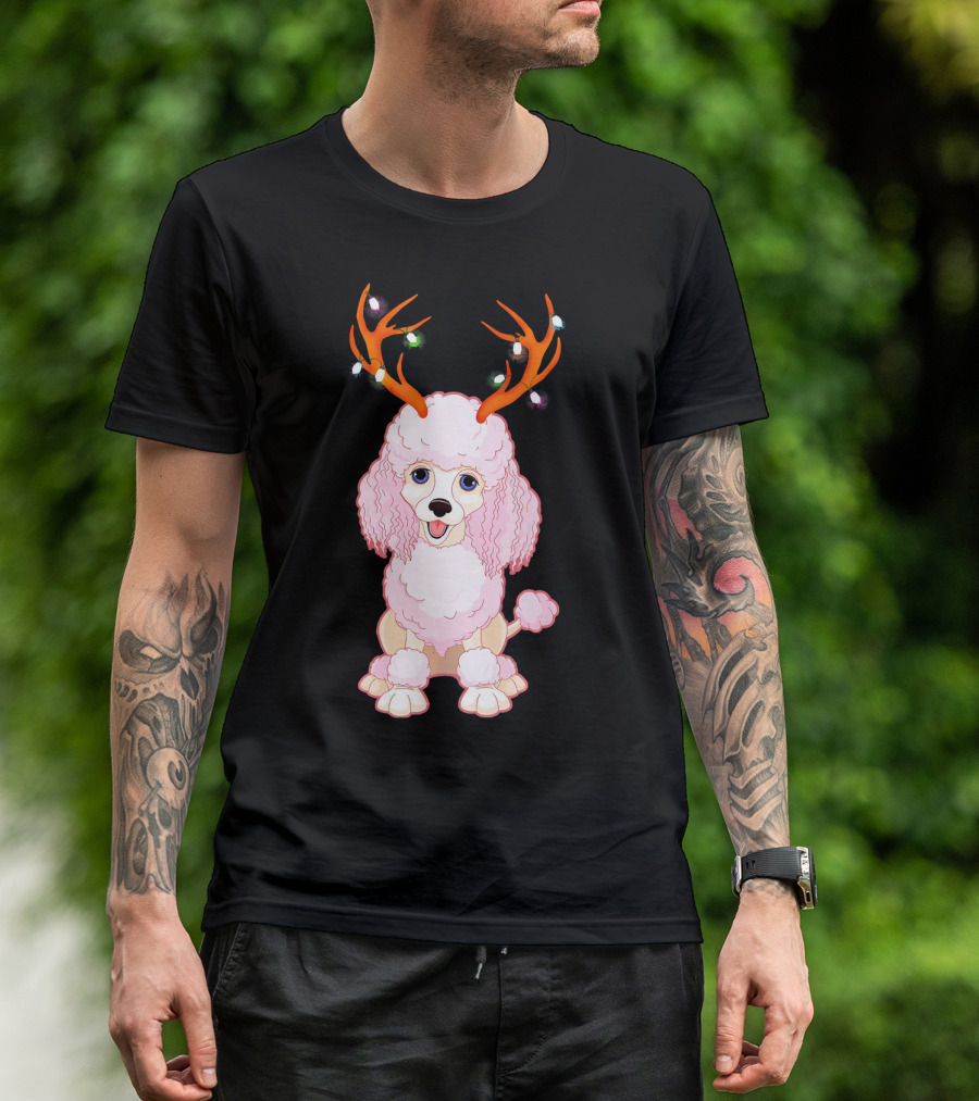 Poodle With Christmas Antlers And Lights T-Shirt