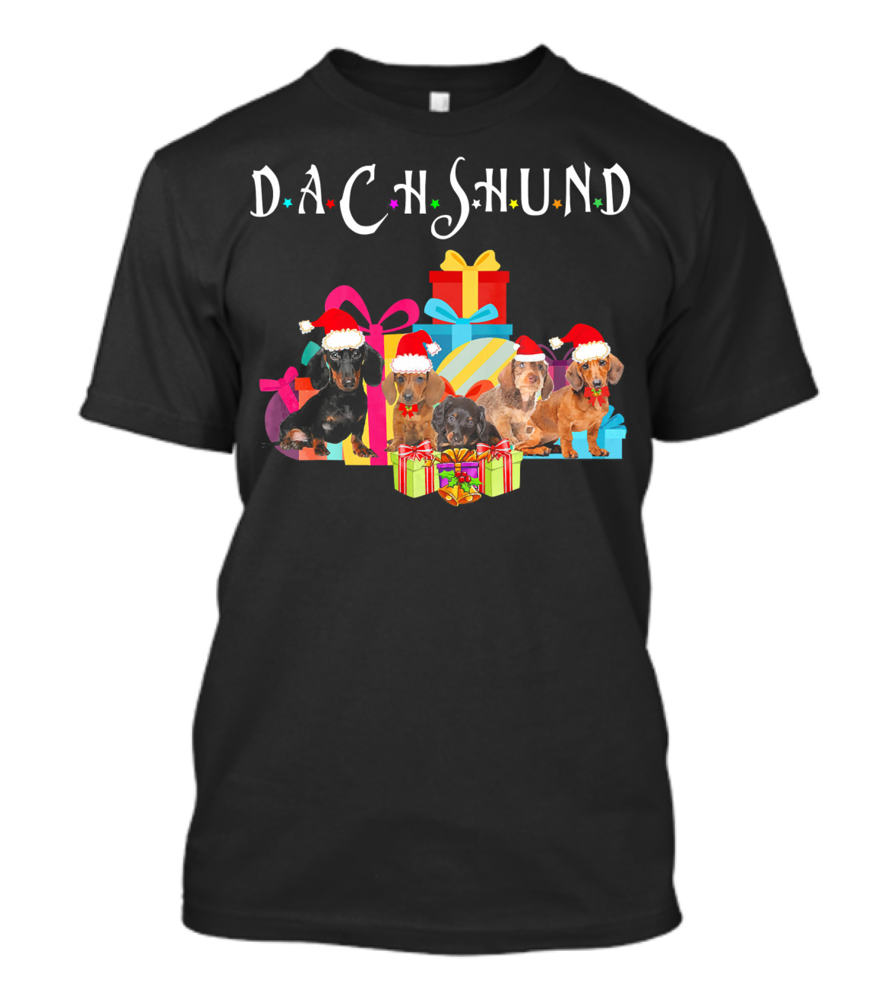 Dachshund Christmas Santa Hat With Presents And Gifts T-Shirt