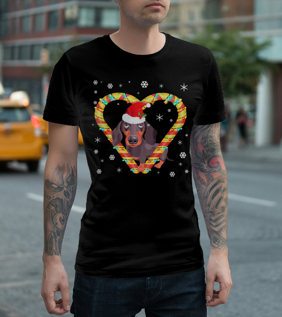 Dachshund Christmas Candy Cane Heart With Santa Hat And Snowflakes T-Shirt