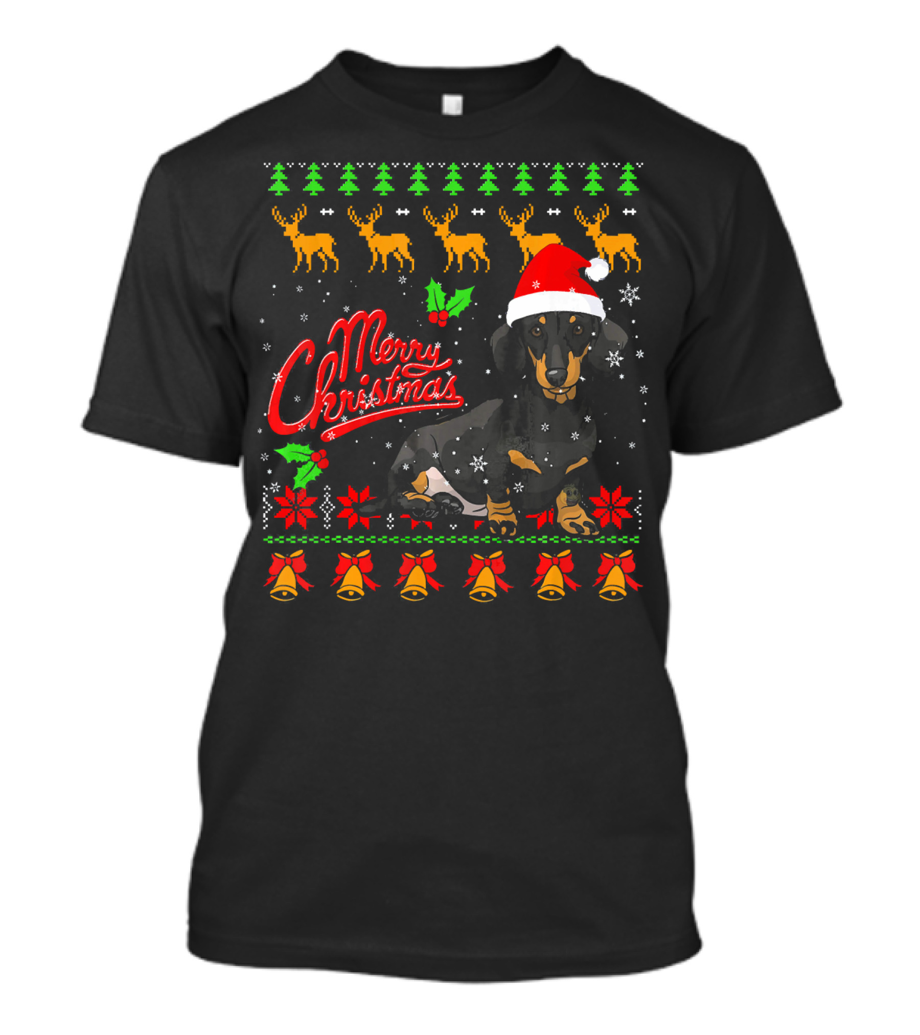 Merry Christmas Dachshund In Santa Hat With Reindeer And Bells T-Shirt