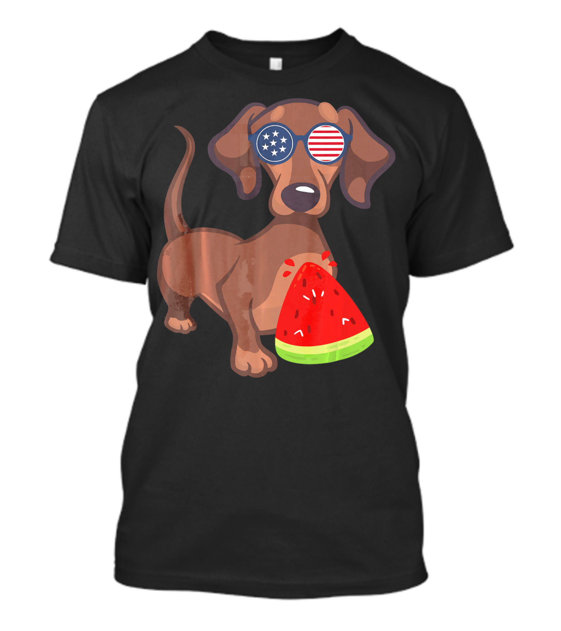 Dachshund With American Flag Sunglasses Eating Watermelon For 4th Of July Novelty T-Shirt