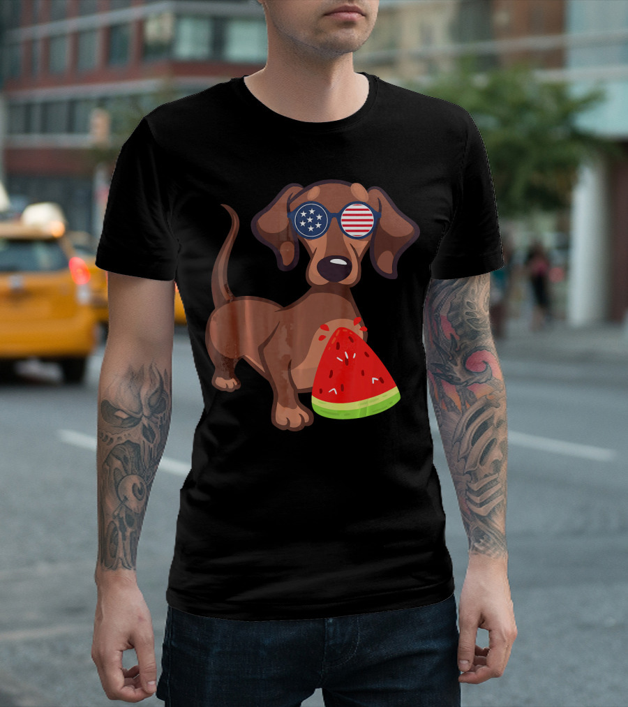 Dachshund With American Flag Sunglasses Eating Watermelon For 4th Of July Novelty T-Shirt
