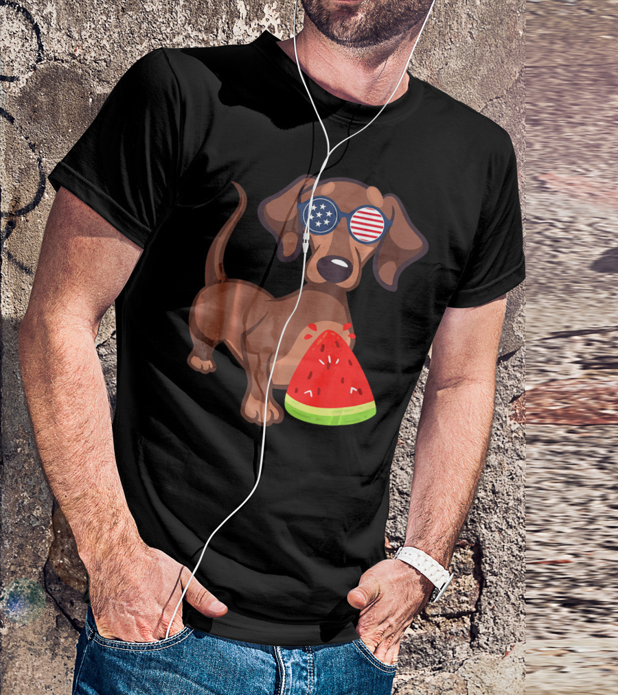 Dachshund With American Flag Sunglasses Eating Watermelon For 4th Of July Novelty T-Shirt