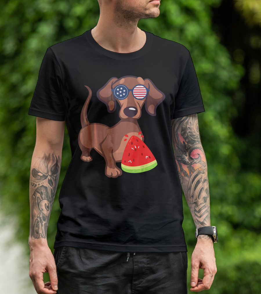 Dachshund With American Flag Sunglasses Eating Watermelon For 4th Of July Novelty T-Shirt