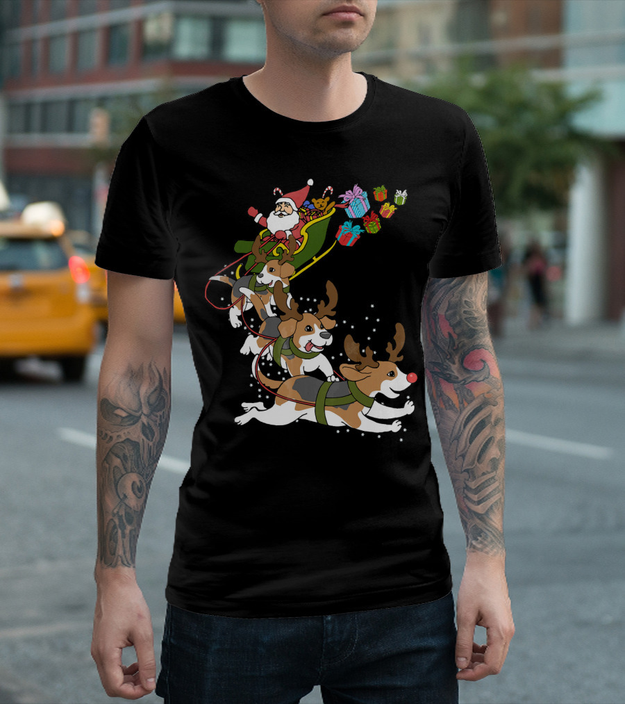 Santa Sleigh Pulled by Festive Beagles with Gifts T-Shirt