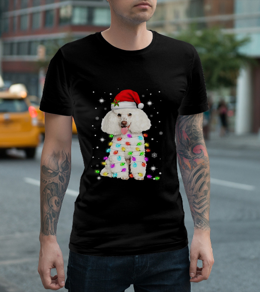 Funny French Poodle Dog Santa Hat Christmas Lights Festive Holiday Snowflakes T-Shirt