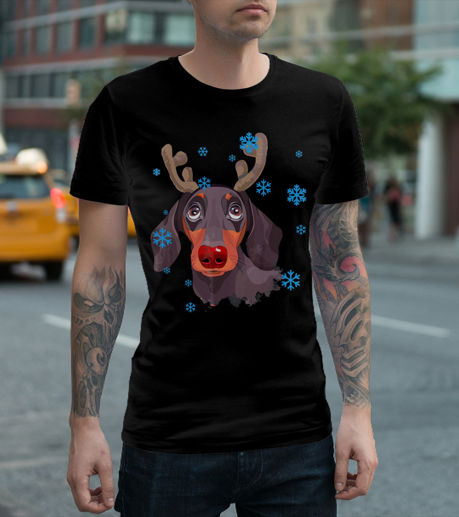 Reindeer Antler Funny Cutie Dachshund Snowflakes T-Shirt