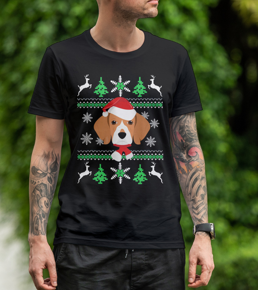 Beagle Dog Santa Christmas Snowflakes Reindeer Trees T-Shirt