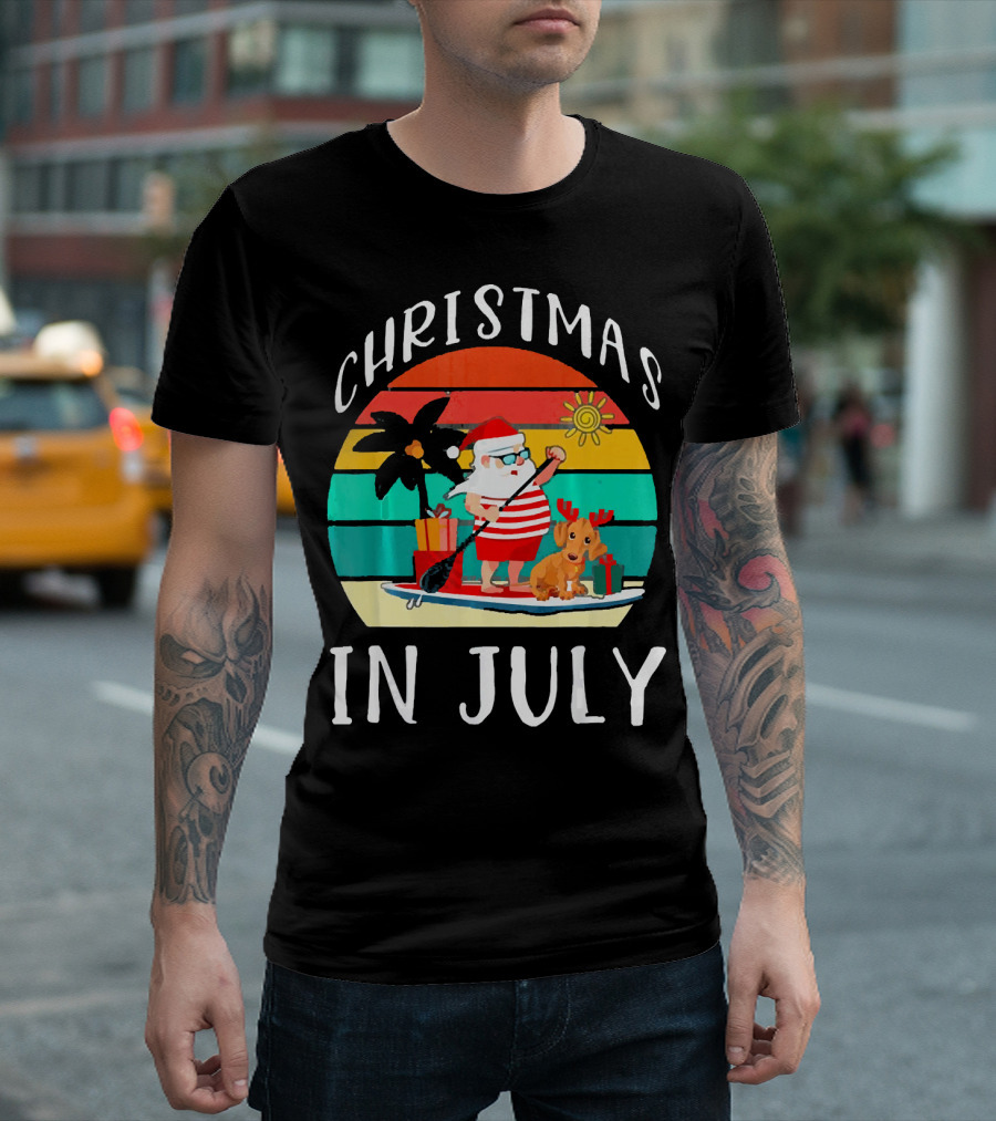 Christmas In July Santa Claus Paddleboarding With Dog T-Shirt