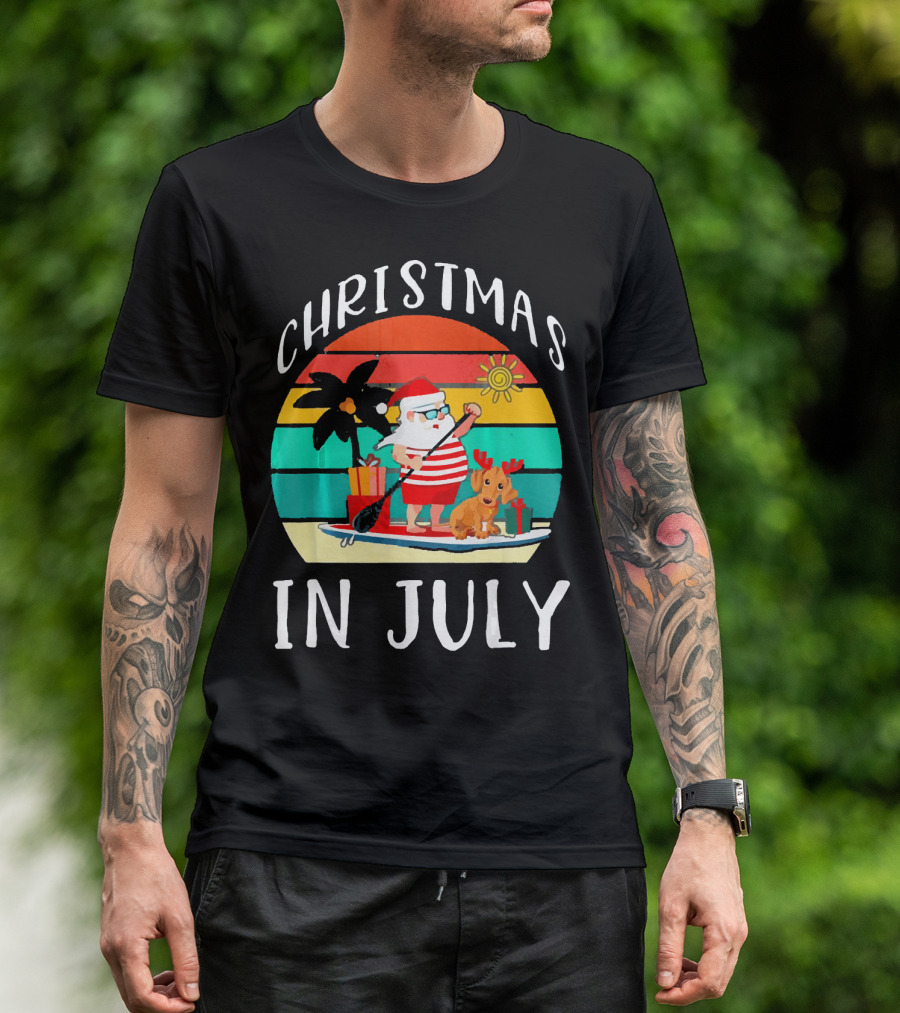 Christmas In July Santa Claus Paddleboarding With Dog T-Shirt