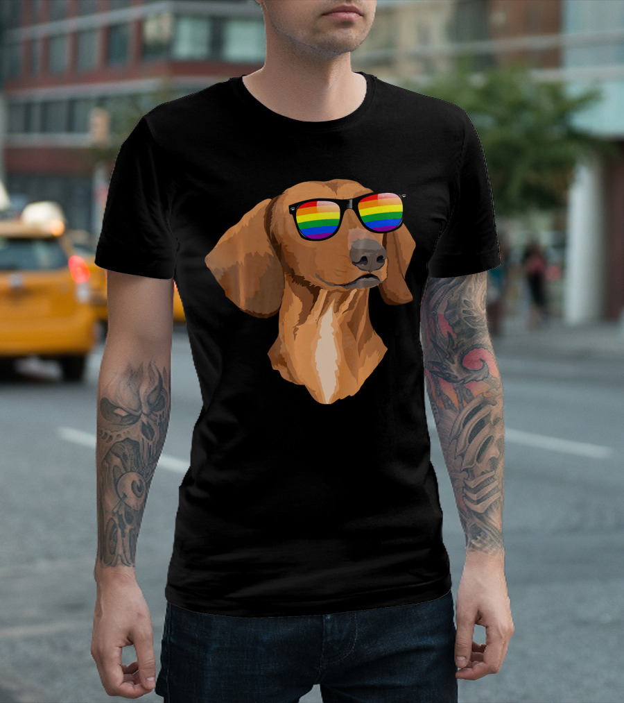 Dachshund Face Wearing Rainbow Sunglasses Pride T-Shirt