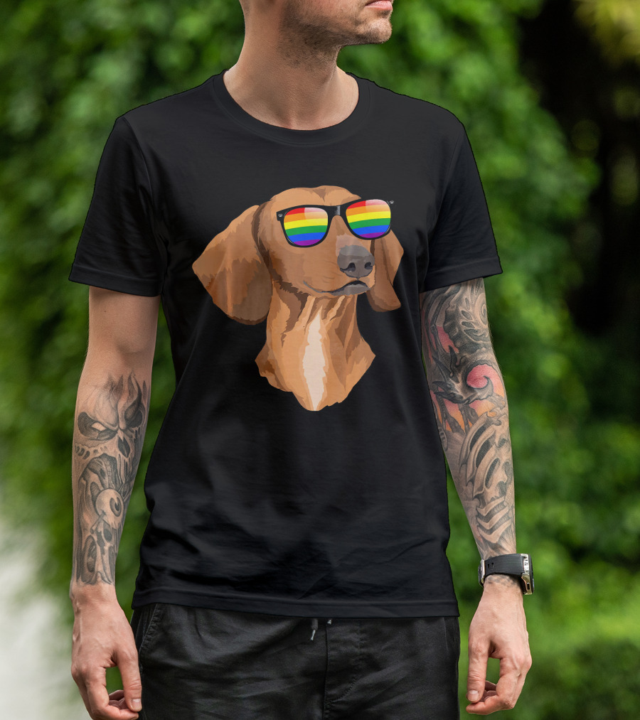 Dachshund Face Wearing Rainbow Sunglasses Pride T-Shirt