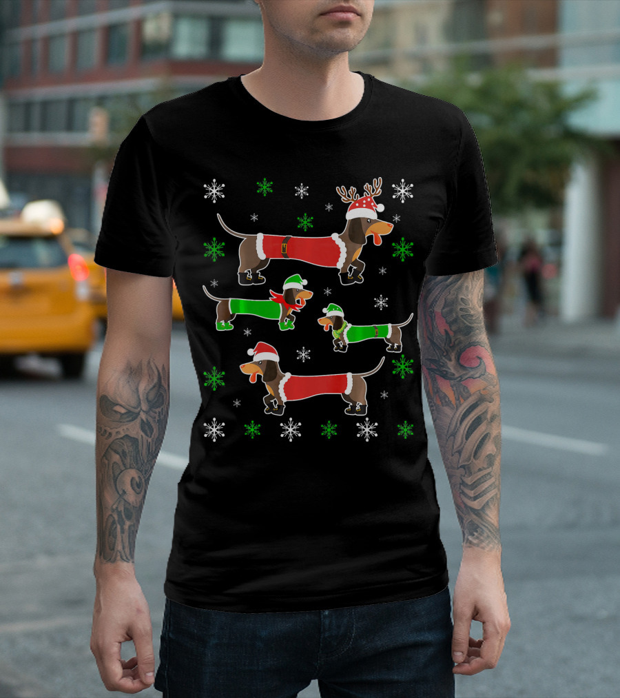 Dachshund Ugly Christmas Costume Reindeer Santa Snowflakes T-Shirt