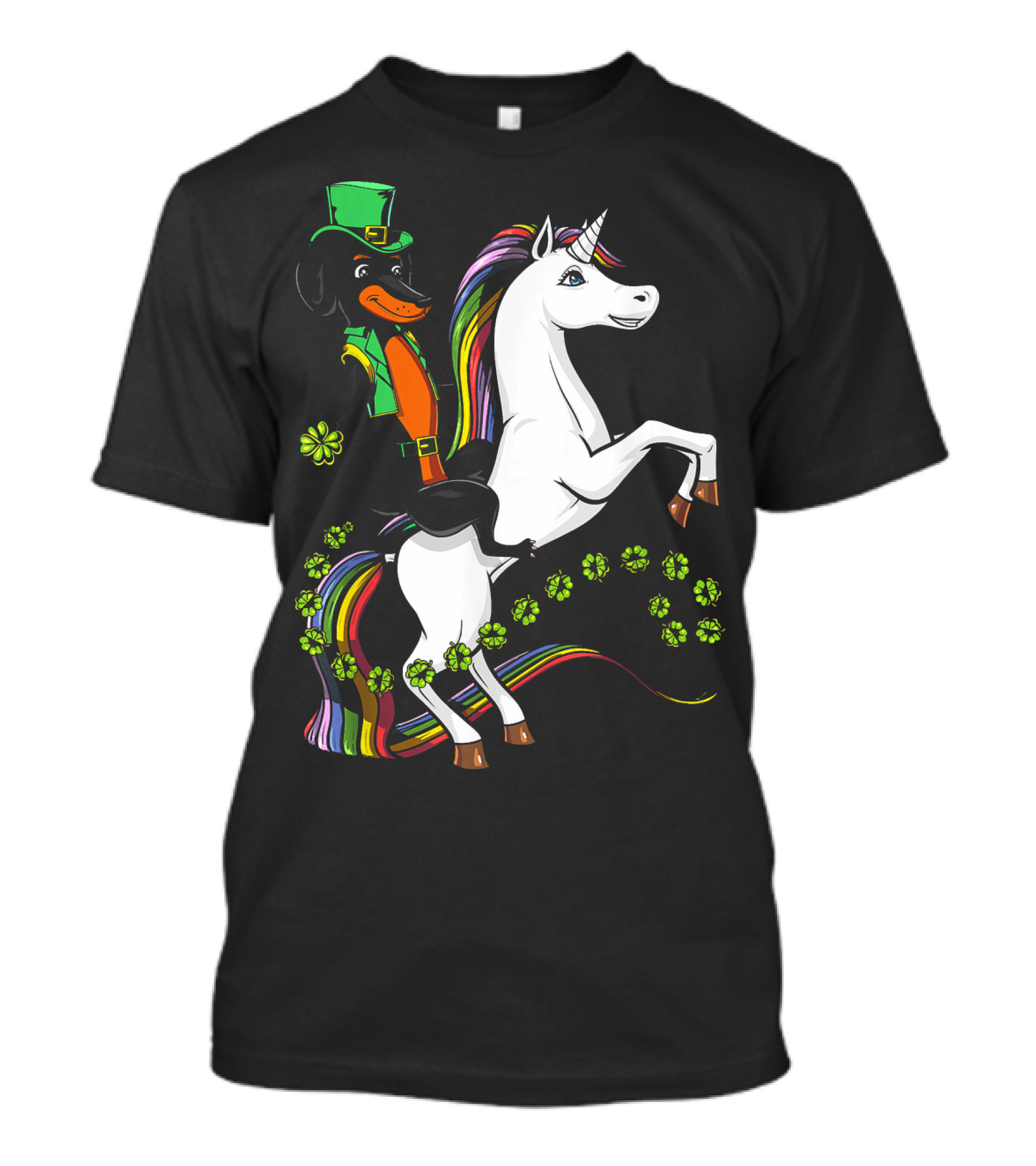 Dachshund Wiener Dog In Leprechaun Outfit Riding Rainbow Unicorn With Shamrocks T-Shirt