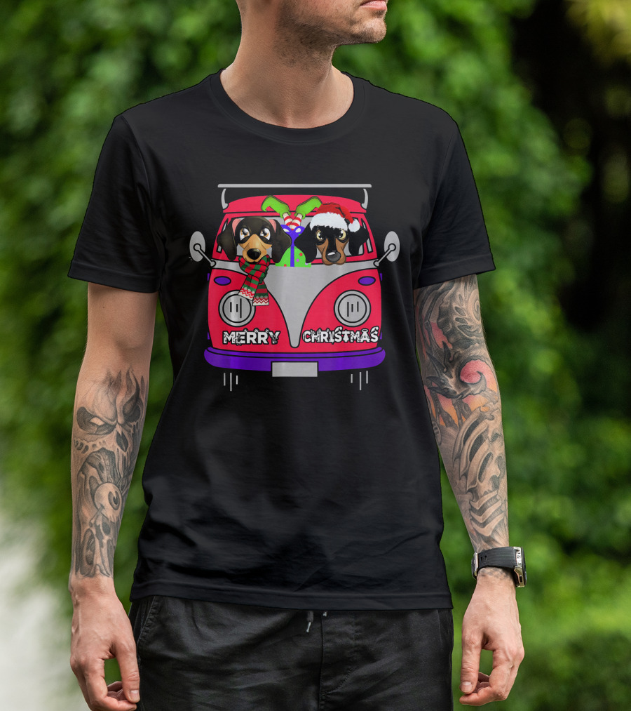 Merry Christmas Dachshund Rides Red Truck T-Shirt