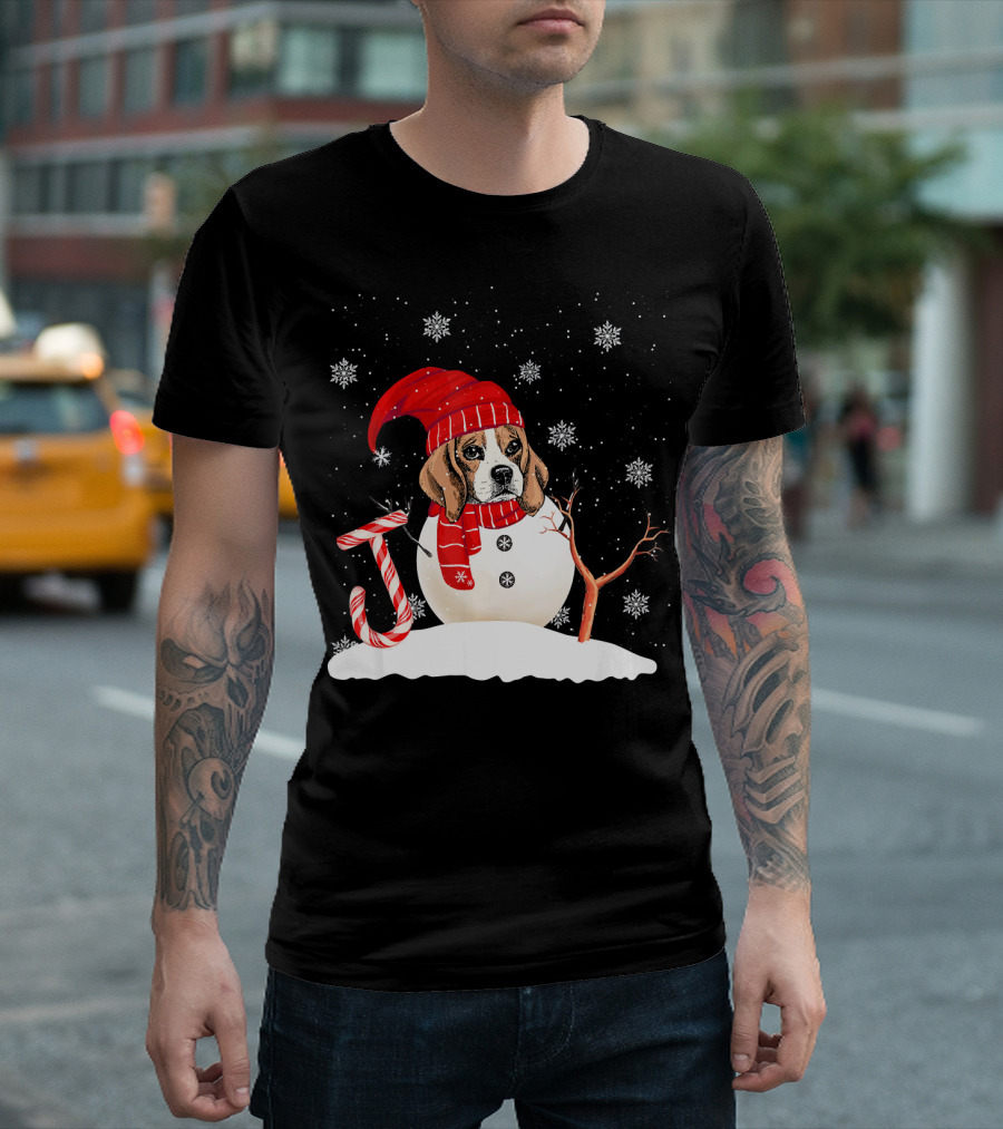 Funny Beagle Snowman Christmas Joy with Candy Cane and Snowflakes T-Shirt