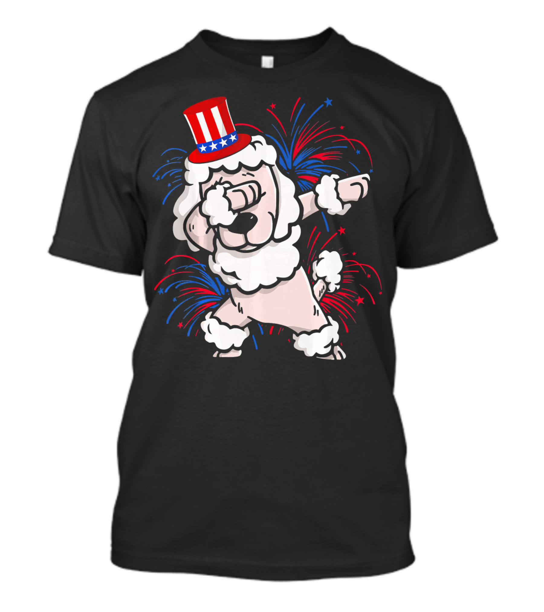Dabbing Poodle With Patriotic Top Hat And Fireworks 4th Of July T-Shirt