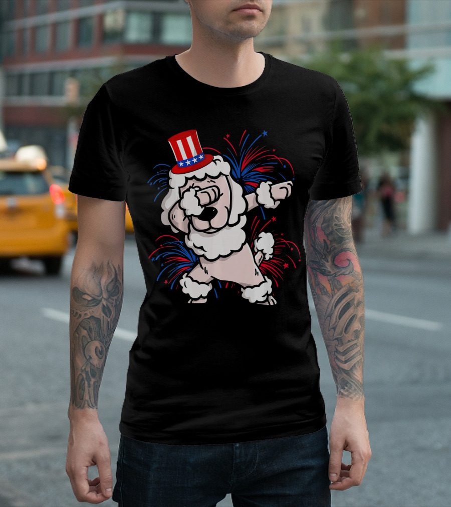Dabbing Poodle With Patriotic Top Hat And Fireworks 4th Of July T-Shirt