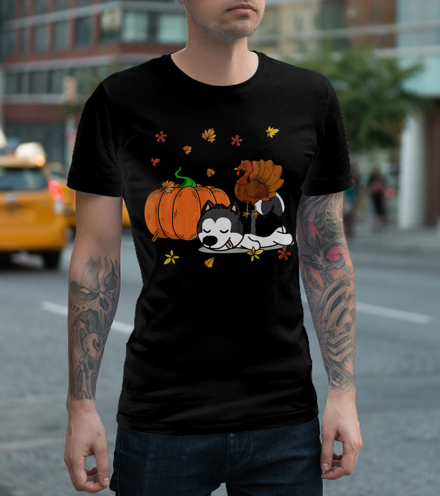 Funny Husky Dog Pumpkin Turkey Autumn Leaves T-Shirt