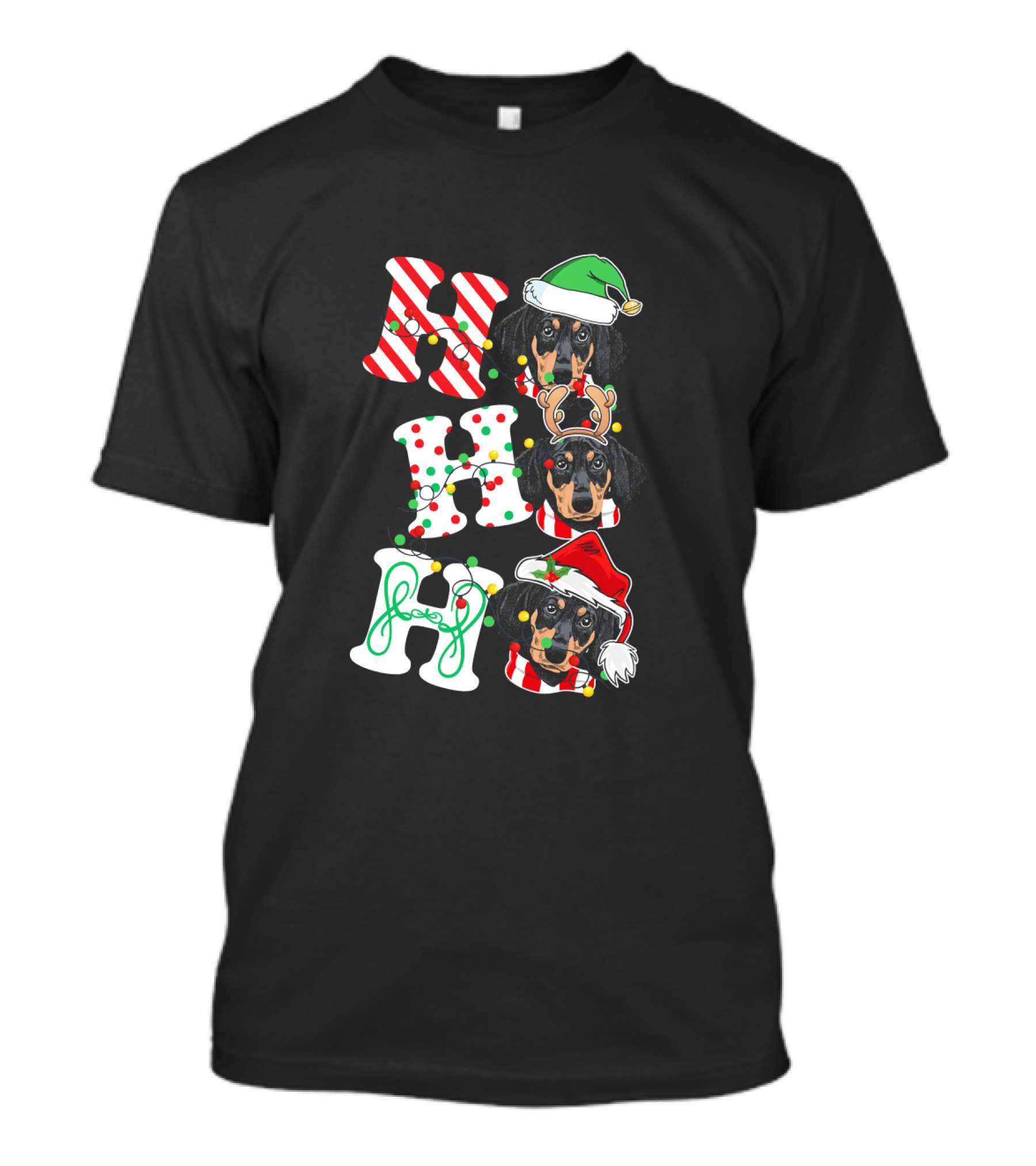 HO HO HO Dachshund Christmas Dog With Santa Hat And Reindeer Antlers T-Shirt