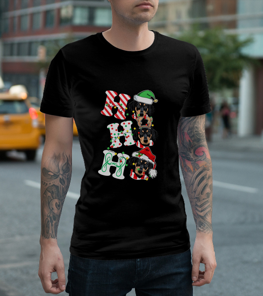 HO HO HO Dachshund Christmas Dog With Santa Hat And Reindeer Antlers T-Shirt