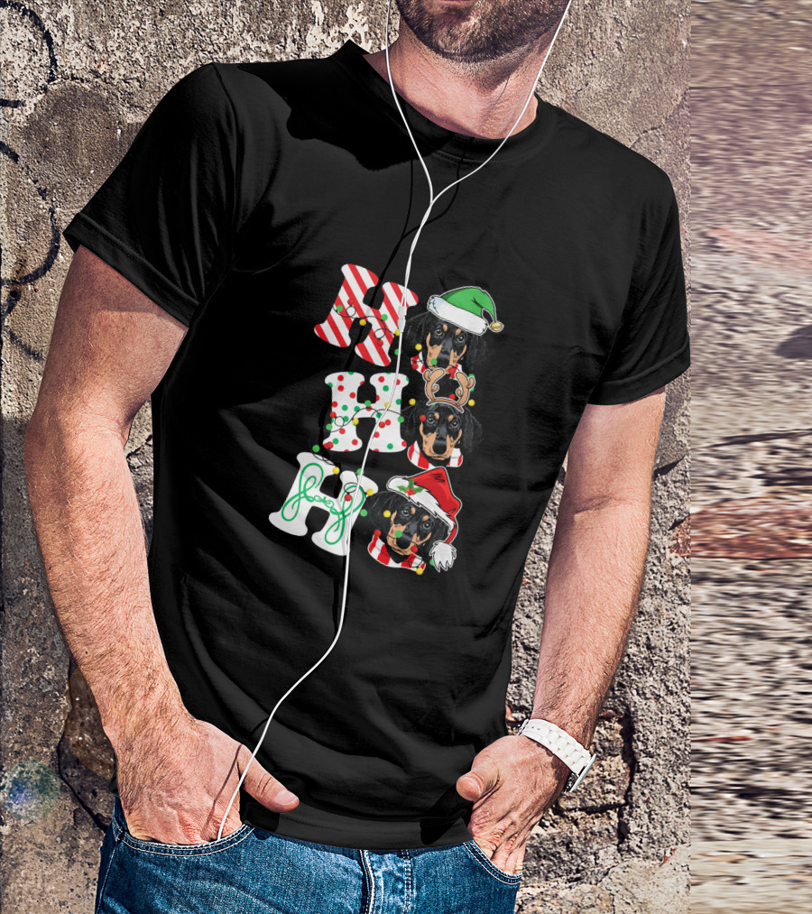 HO HO HO Dachshund Christmas Dog With Santa Hat And Reindeer Antlers T-Shirt