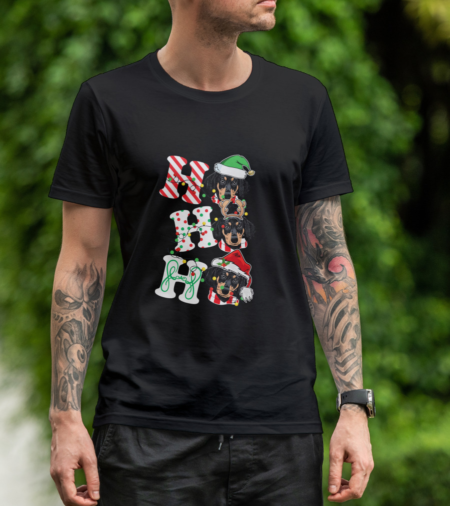 HO HO HO Dachshund Christmas Dog With Santa Hat And Reindeer Antlers T-Shirt