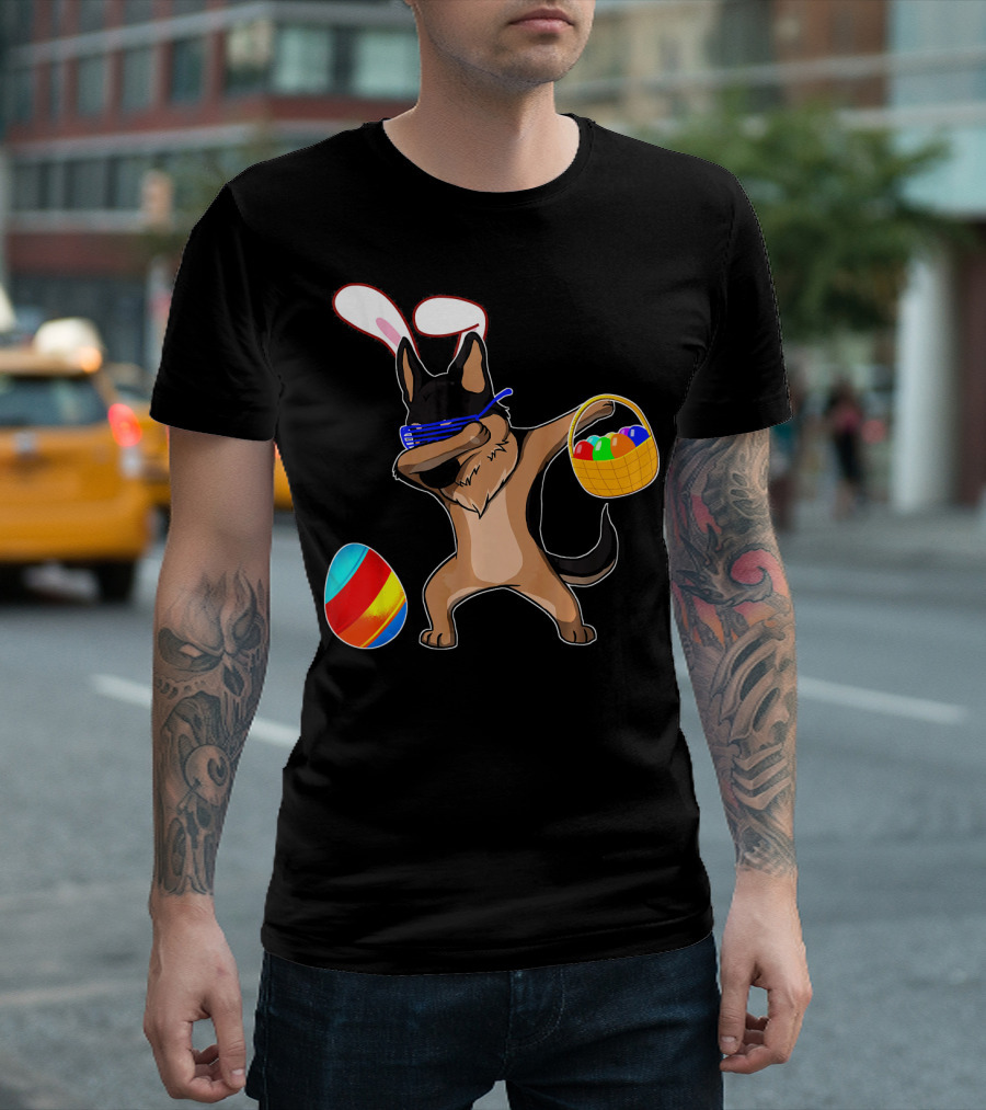 Easter Bunny Ears Dabbing German Shepherd Dog with Basket and Colorful Egg T-Shirt