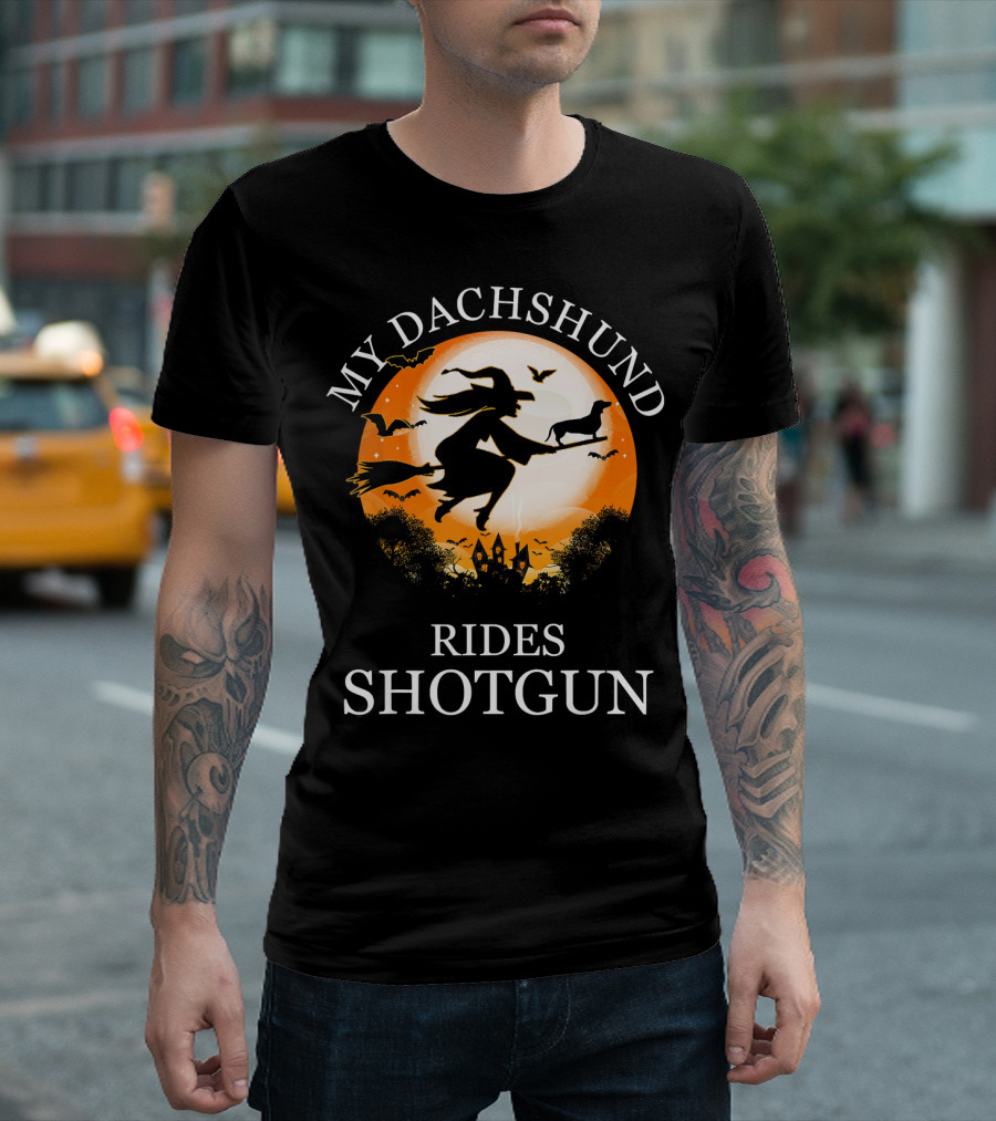 My Dachshund Rides Shotgun Halloween Witch Moon T-Shirt