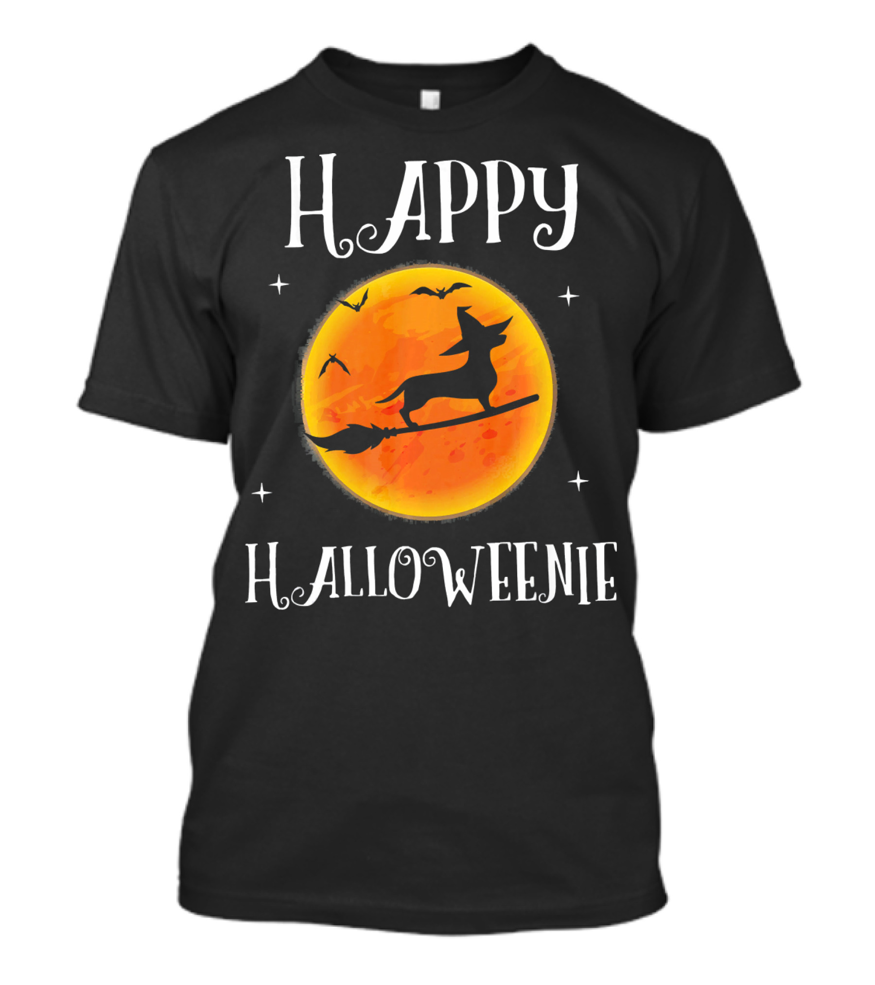Happy Halloweenie Funny Dachshund Flying Broomstick Moon Bats T-Shirt