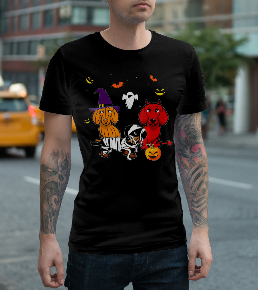 Dachshund Witch Mummy Devil Halloween Pumpkin Bats Ghosts T-Shirt