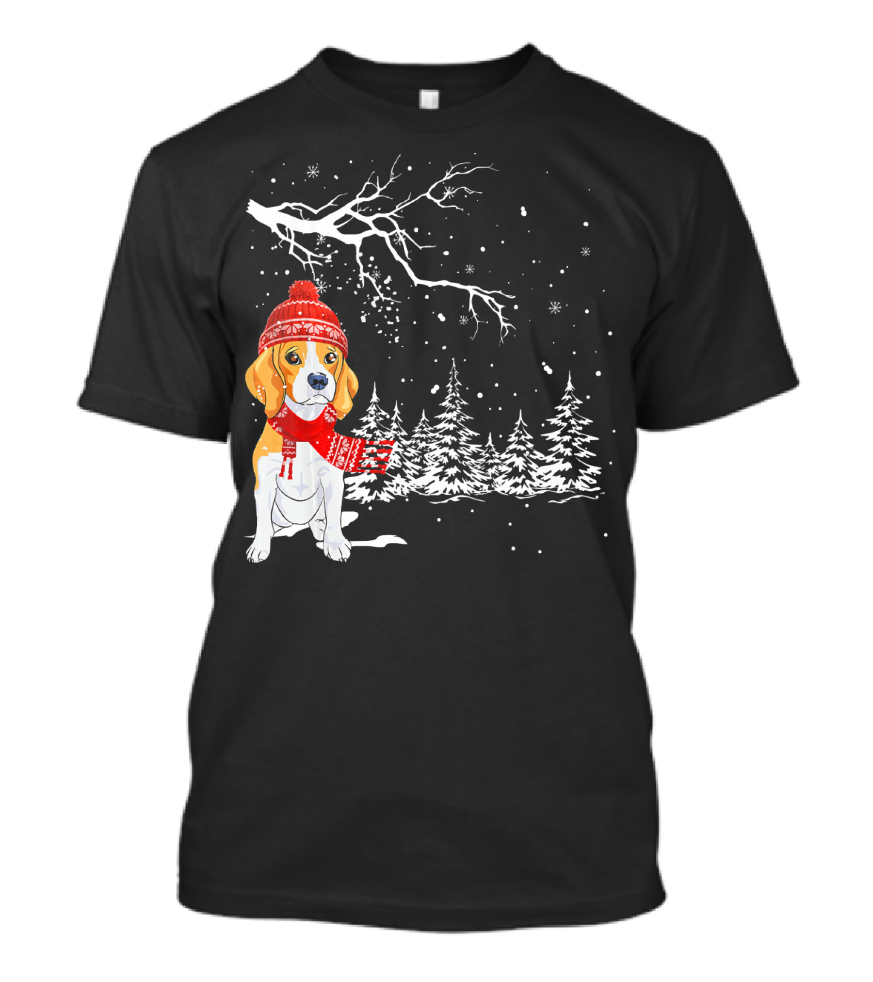 Funny Beagle Dog In Winter Snow Scene With Trees And Red Hat T-Shirt