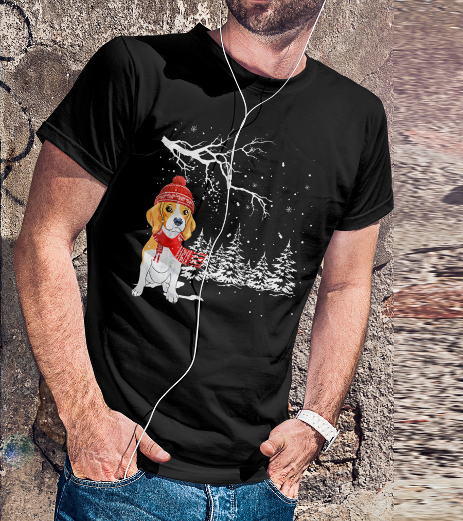 Funny Beagle Dog In Winter Snow Scene With Trees And Red Hat T-Shirt