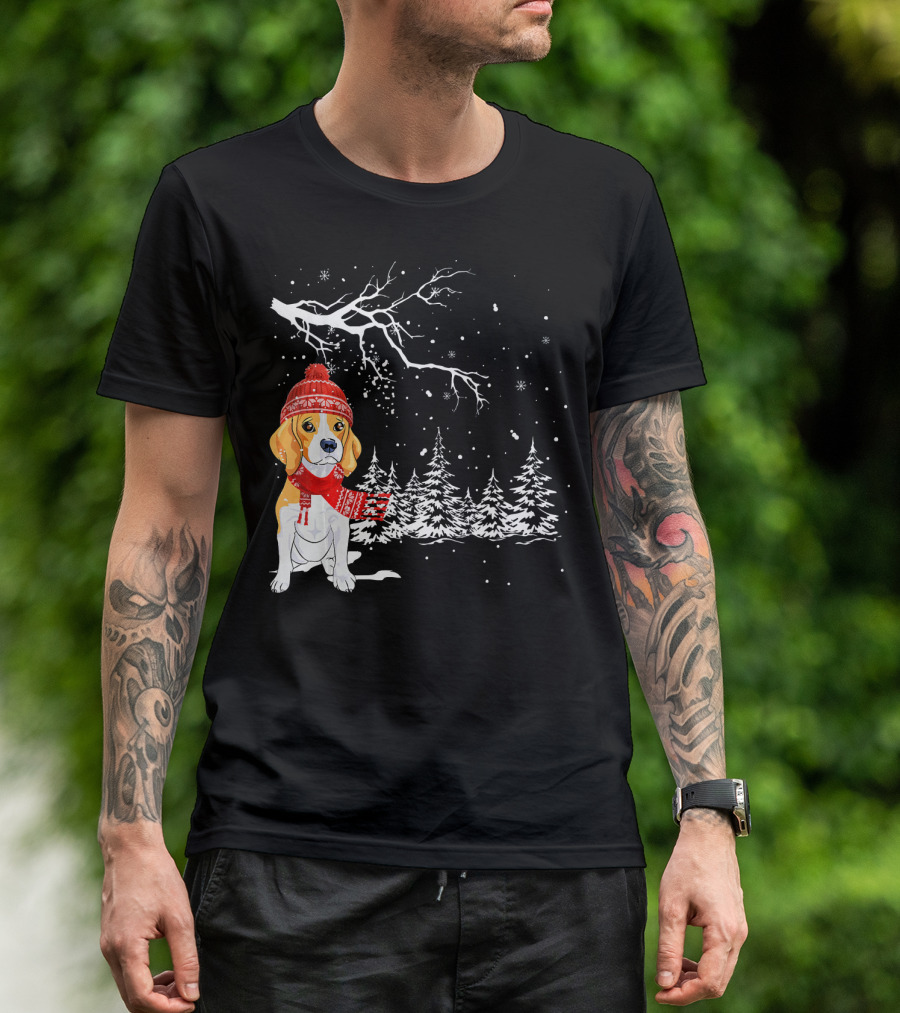 Funny Beagle Dog In Winter Snow Scene With Trees And Red Hat T-Shirt