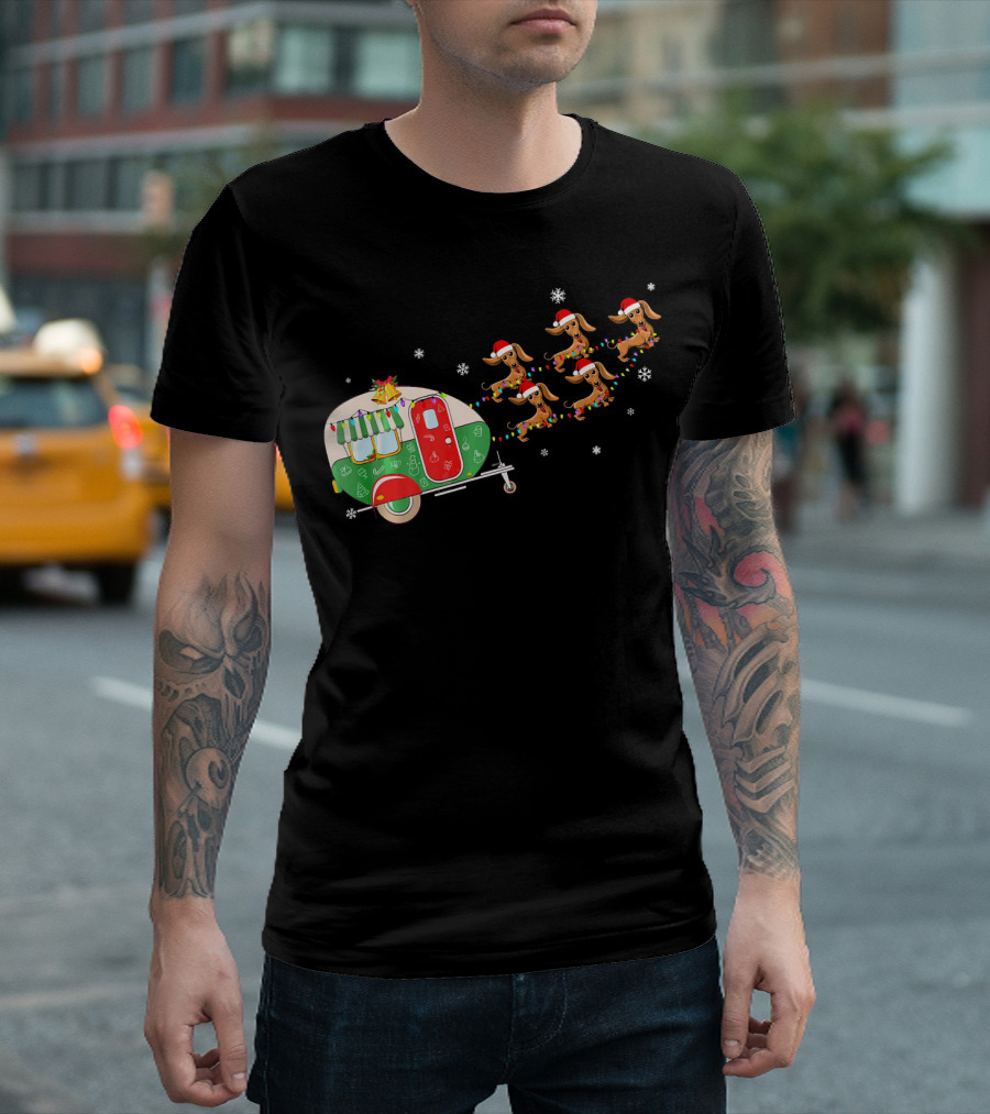 Dachshund Christmas Camper Sleigh with Santa Hats and Snowflakes T-Shirt