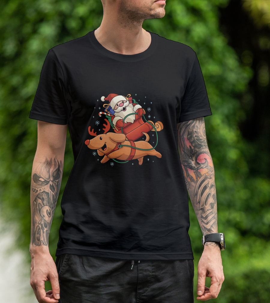 Dachshund Wiener Dog Reindeer Santa Claus Sleigh Snowflakes T-Shirt