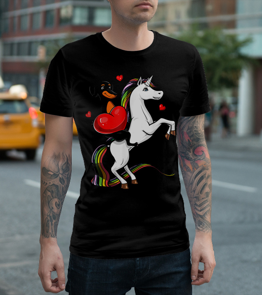Dachshund Wiener Dog Riding Unicorn With Heart and Rainbow Details T-Shirt