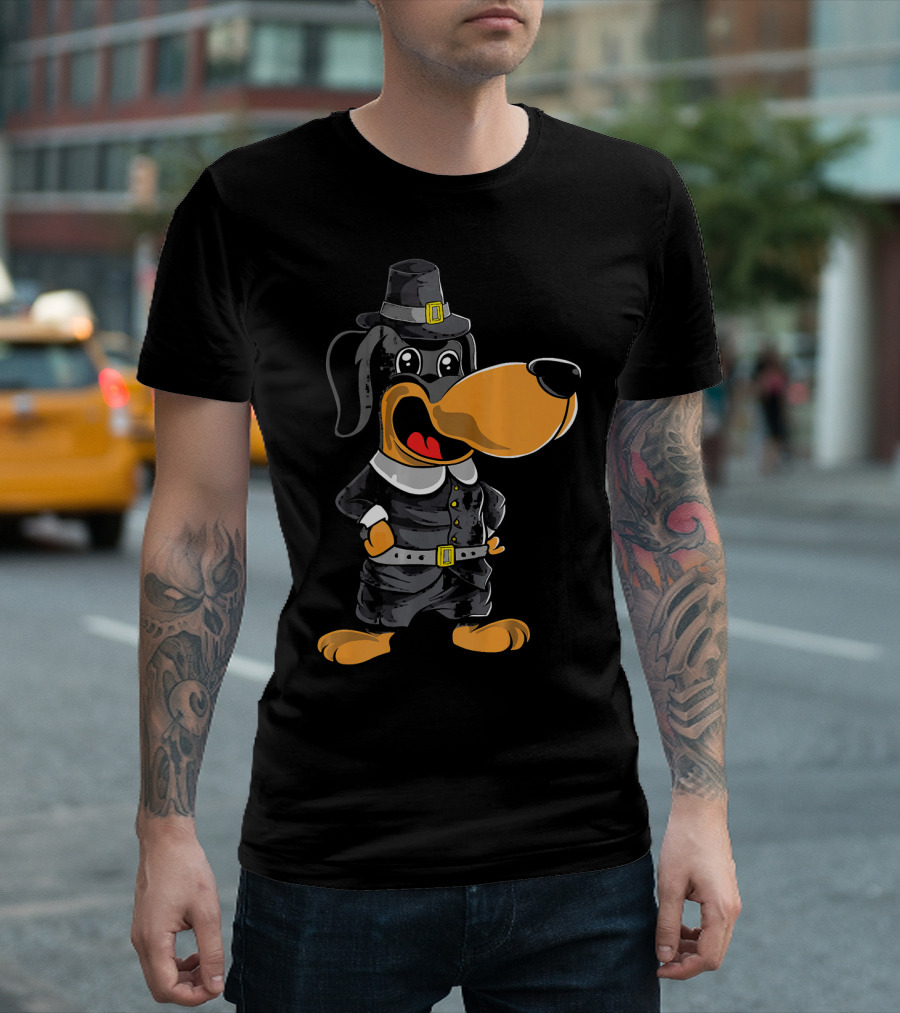Dachshund Thanksgiving Day Pilgrim Dog in Traditional Pilgrim Outfit with Hat and Buckle T-Shirt