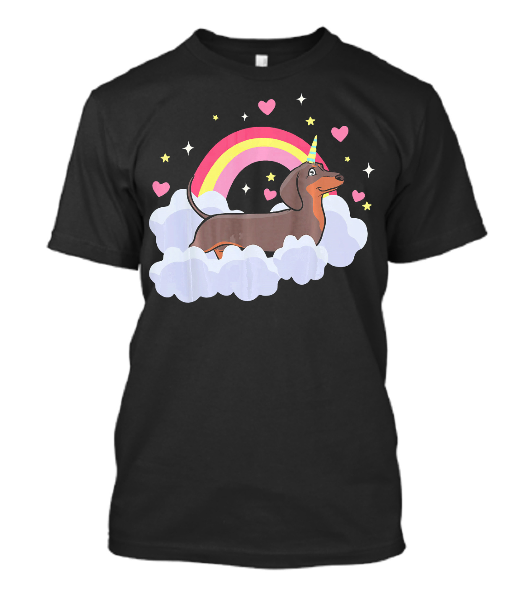 Dachshund Unicorn Lover Rainbow Hearts Clouds Stars T-Shirt